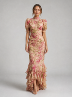 Women’s Floral High Neck Ruffle Maxi Dress – Flowy Printed Silhouette