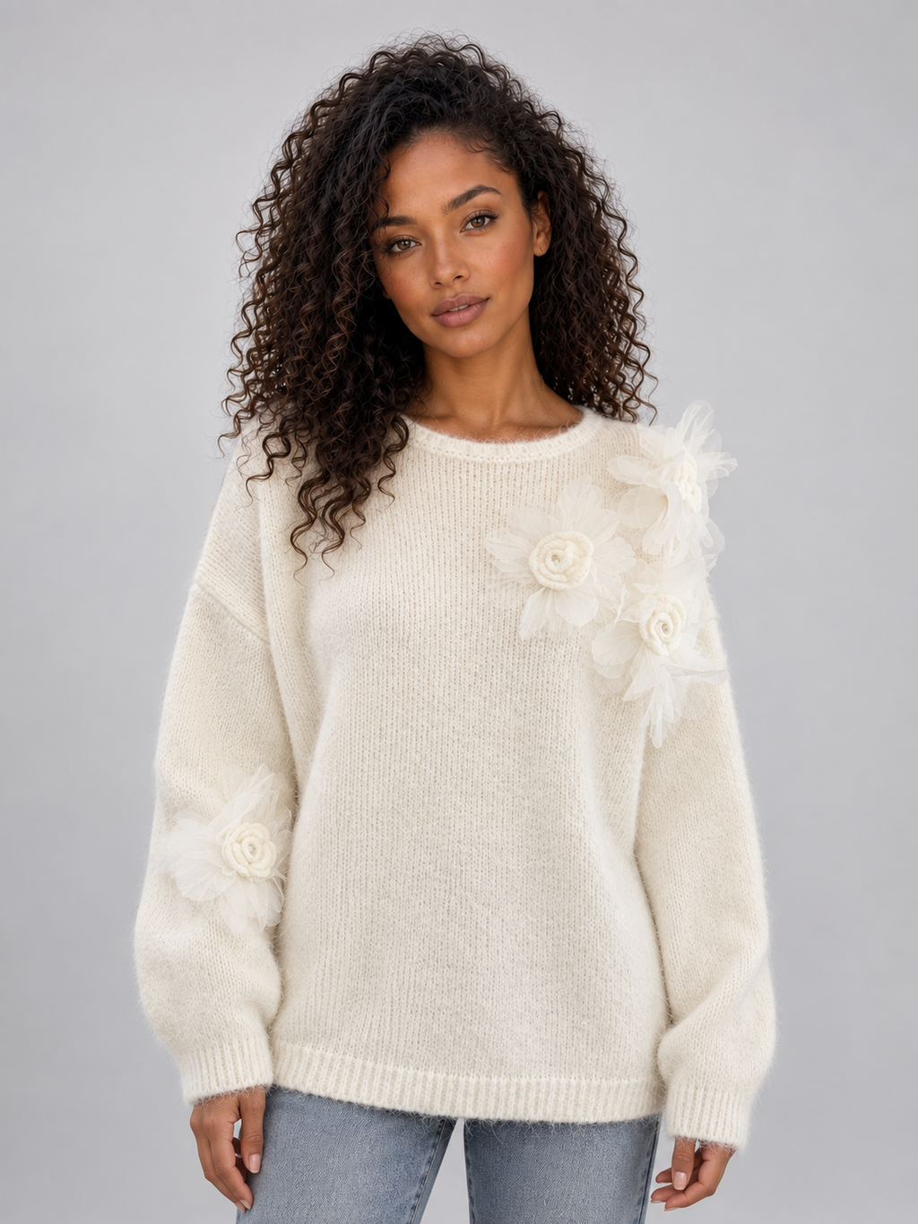 Women’s Floral Knit Jumper – Crew Neck Long Sleeve Sweater with 3D Flower Detail