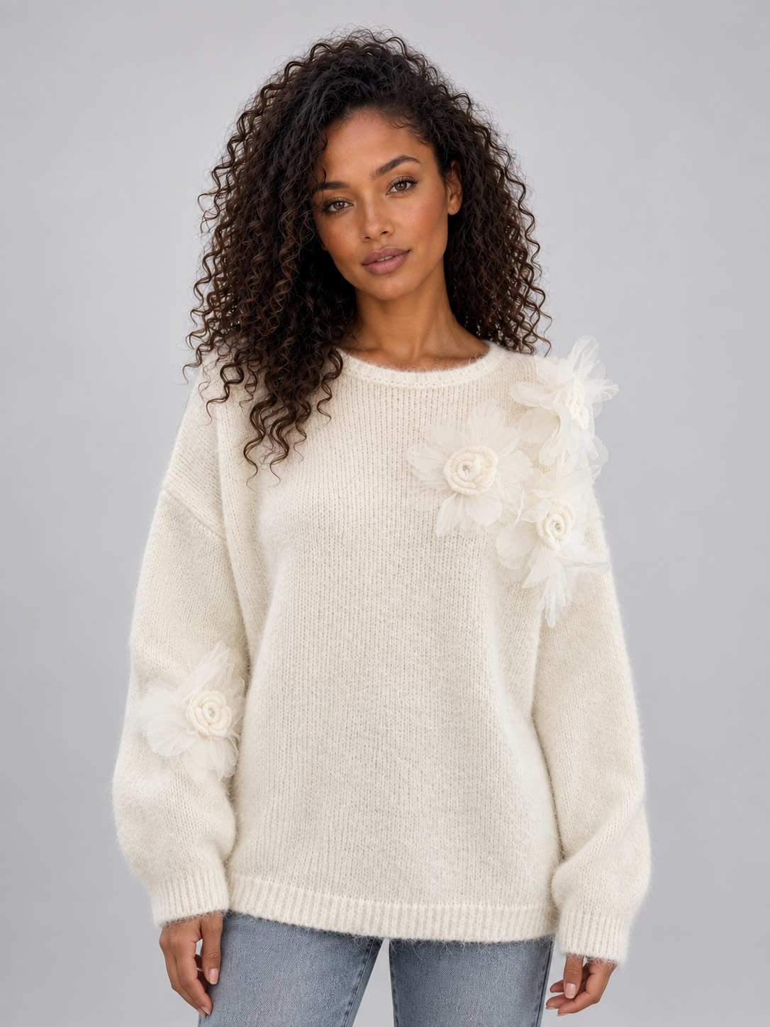 Women’s Floral Knit Jumper – Crew Neck Long Sleeve Sweater with 3D Flower Detail