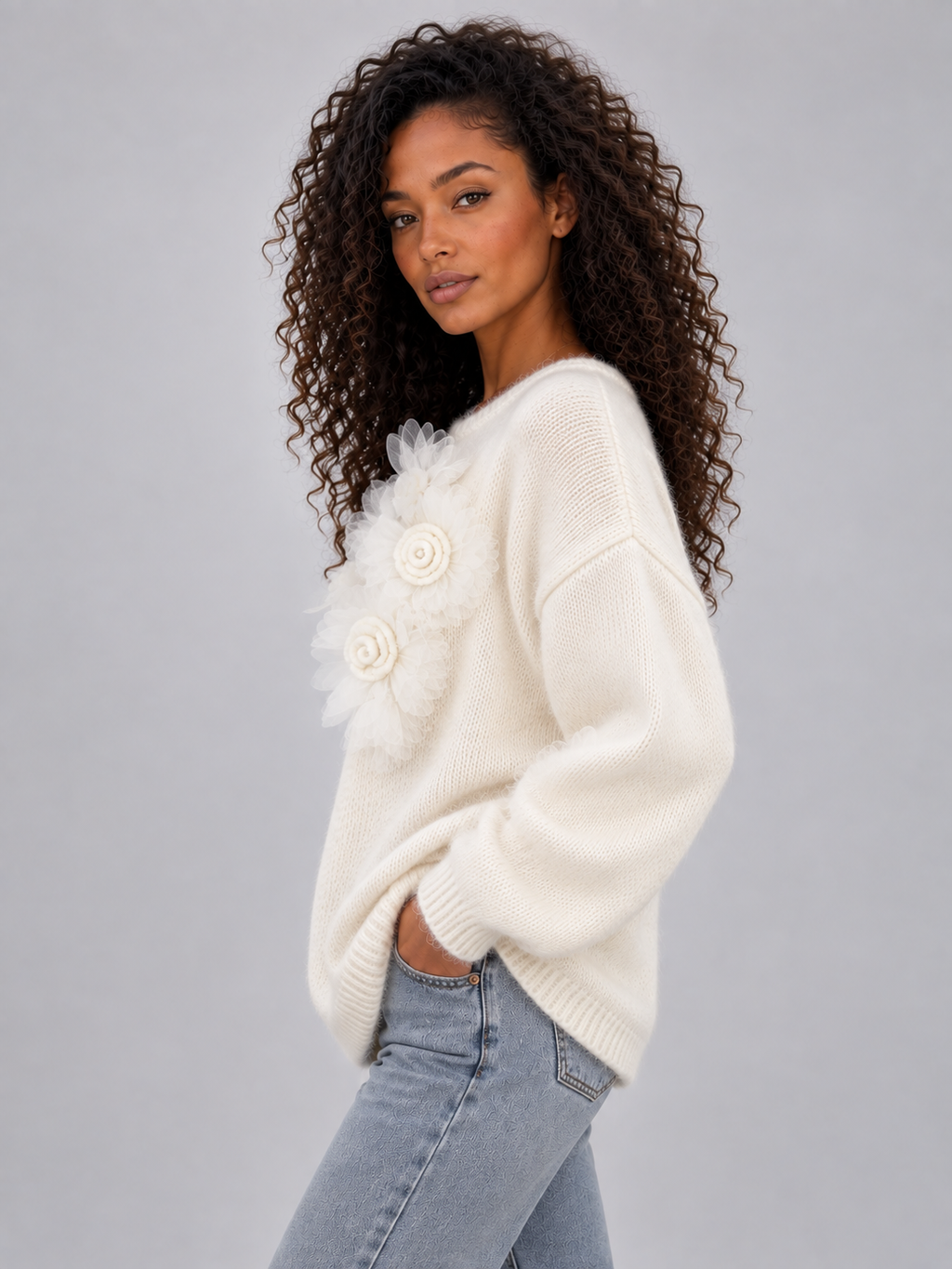 Women’s Floral Knit Jumper – Crew Neck Long Sleeve Sweater with 3D Flower Detail