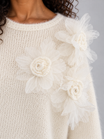 Women’s Floral Knit Jumper – Crew Neck Long Sleeve Sweater with 3D Flower Detail