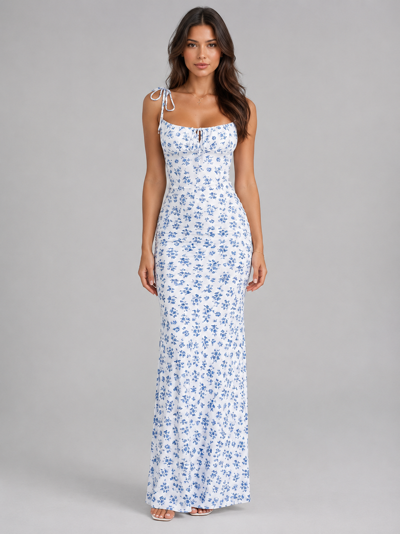 Women’s Floral Lace-Up Maxi Dress – Figure-Hugging Summer Fit