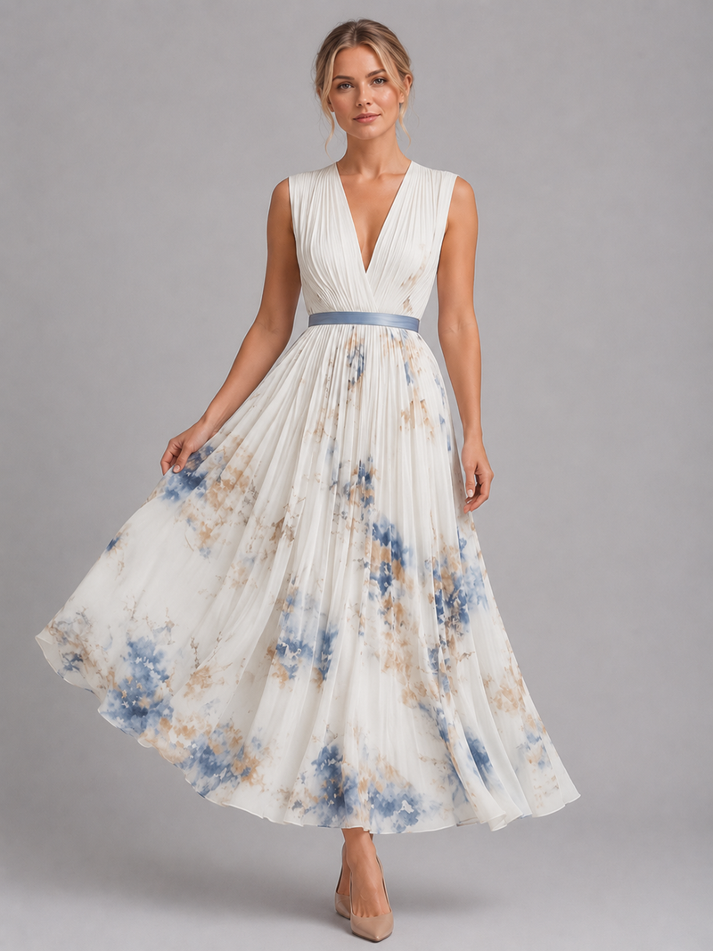 Women’s Floral Maxi Dress – Pleated A-Line Fit