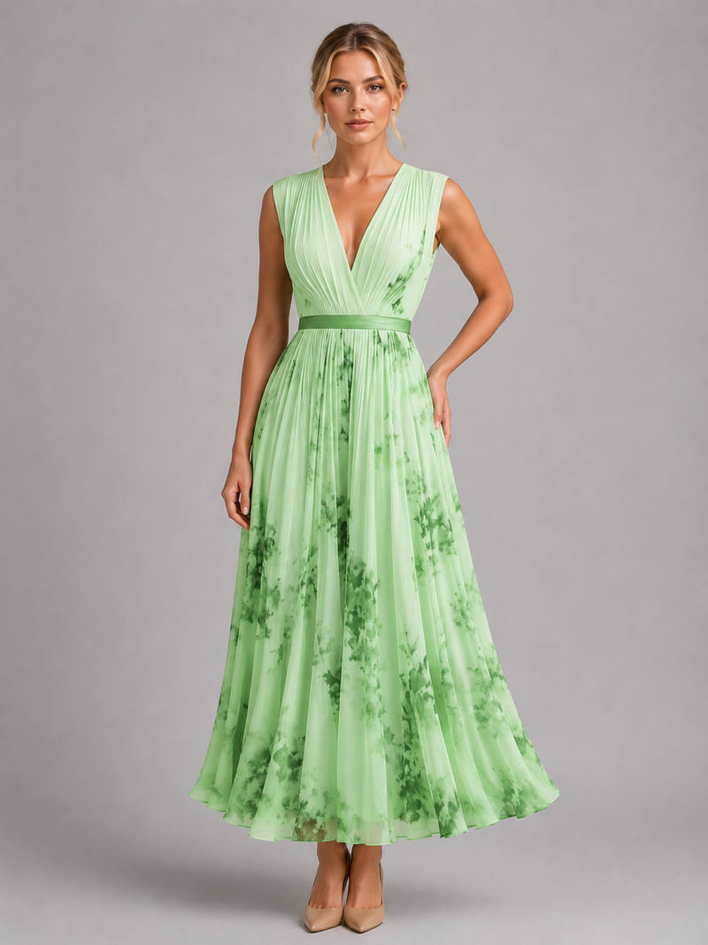 Women’s Floral Maxi Dress – Pleated A-Line Fit