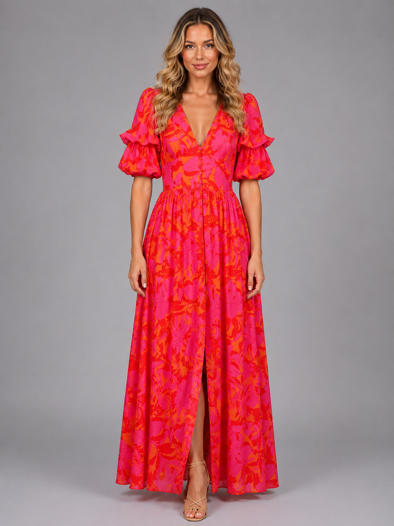 Women’s Floral Puff Sleeve Maxi Dress – Summer Occasion Style