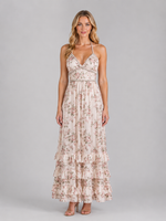 Women's Floral Ruffle Maxi Dress – Beaded Halter Neck