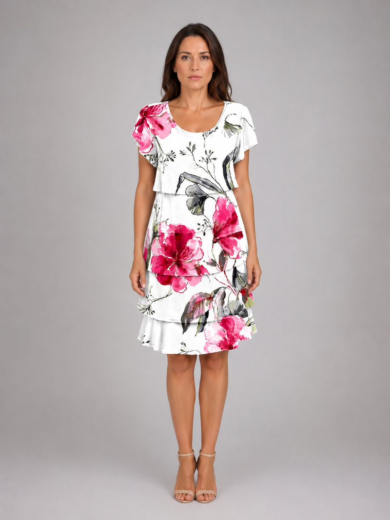 Women's Floral Ruffle Mini Dress – Layered Short Sleeve Style