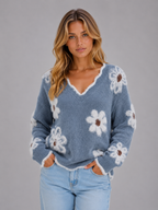 Women's Floral V-Neck Sweater – Soft Knit Casual Jumper
