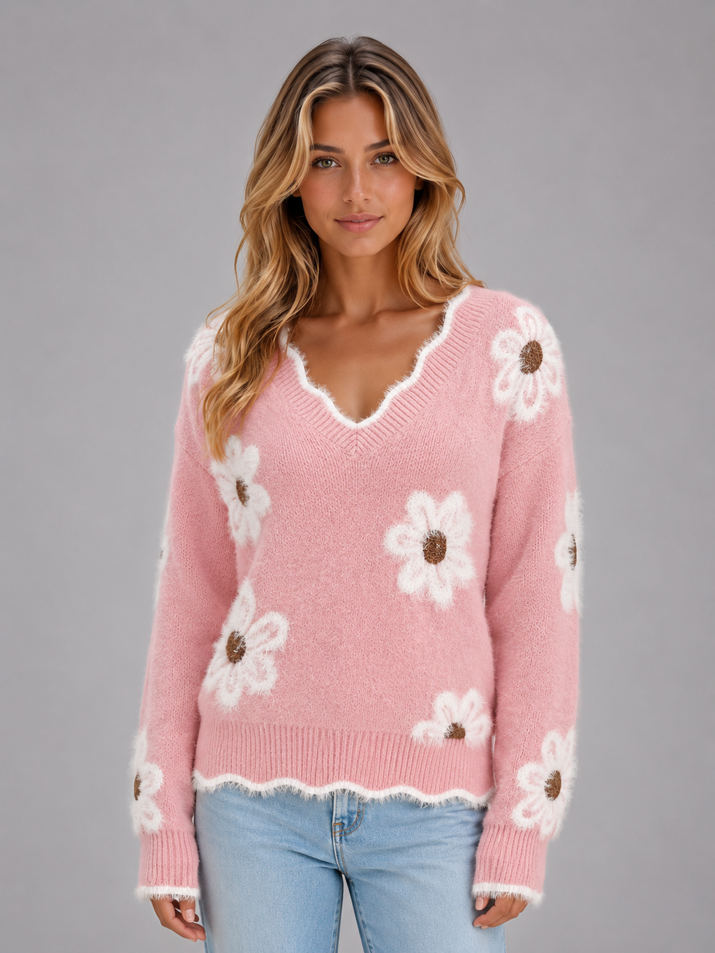 Women's Floral V-Neck Sweater – Soft Knit Casual Jumper