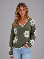 Women's Floral V-Neck Sweater – Soft Knit Casual Jumper