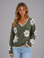 Women's Floral V-Neck Sweater – Soft Knit Casual Jumper