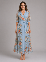 Women’s Floral Wrap Maxi Dress – Waist Tie Fit