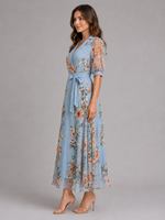 Women’s Floral Wrap Maxi Dress – Waist Tie Fit