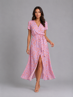 Women's Floral Wrap Midi Dress – Tie Waist Summer Style