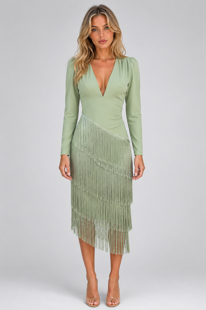 Women's Fringe Midi Occasion Dress – Long Sleeve Eveningwear