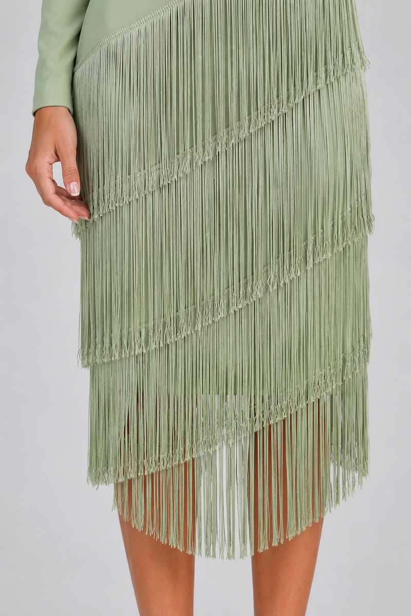 Women's Fringe Midi Occasion Dress – Long Sleeve Eveningwear