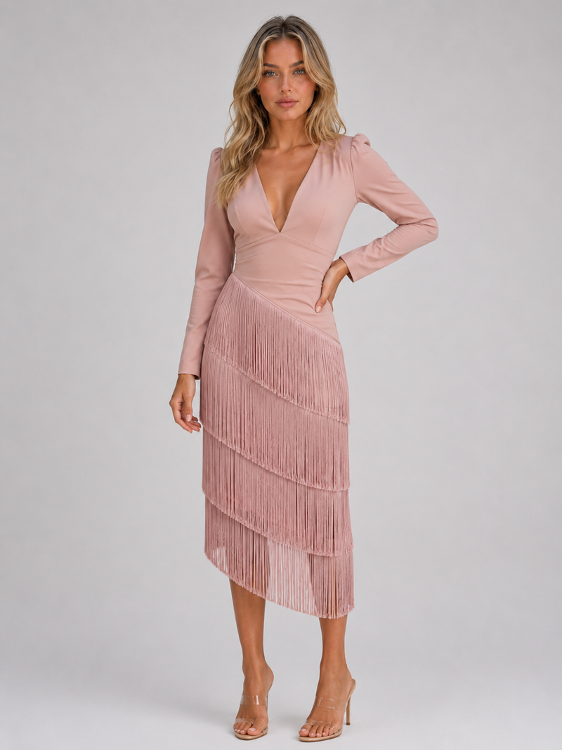 Women's Fringe Midi Occasion Dress – Long Sleeve Eveningwear