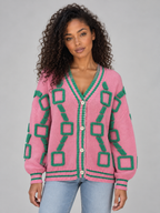 Women’s Geometric Pattern V-Neck Cardigan – Button Front Knitted Jumper