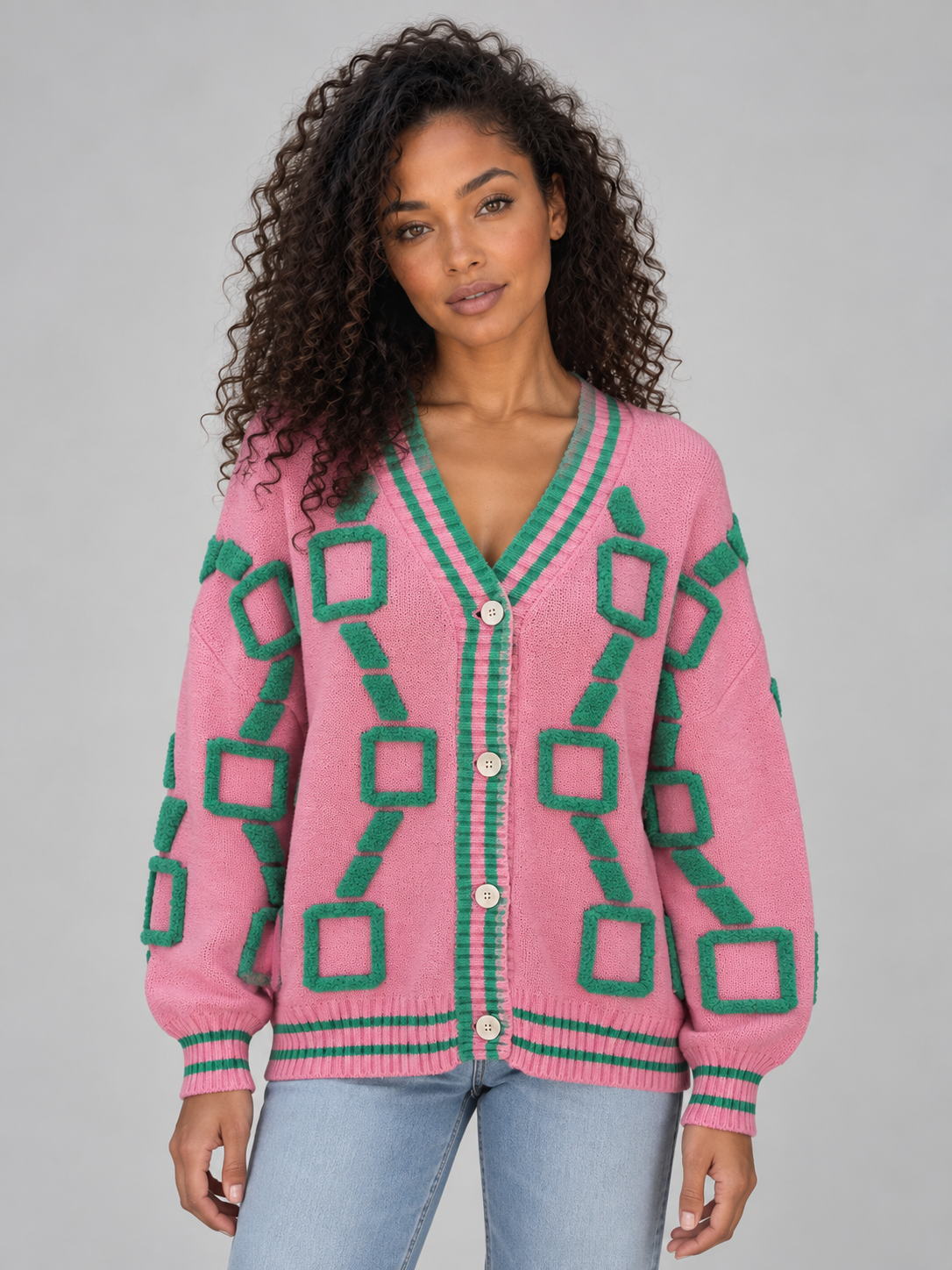 Women’s Geometric Pattern V-Neck Cardigan – Button Front Knitted Jumper