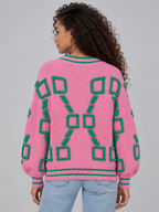 Women’s Geometric Pattern V-Neck Cardigan – Button Front Knitted Jumper