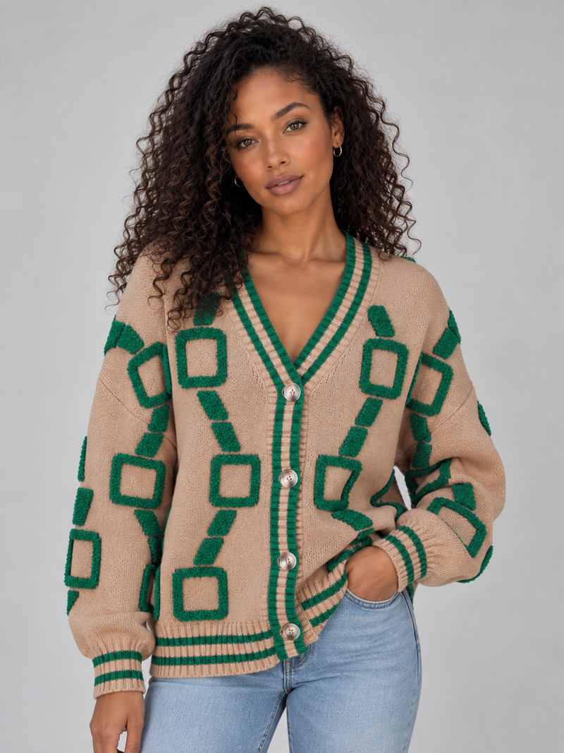 Women’s Geometric Pattern V-Neck Cardigan – Button Front Knitted Jumper