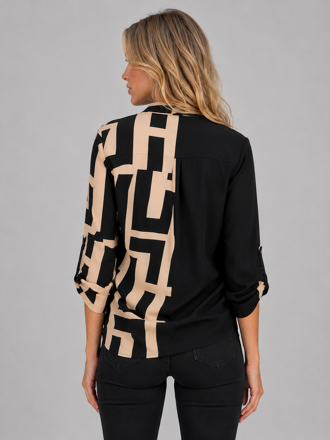Women’s Geometric V-Neck Blouse – Elegant Smart Casual Style