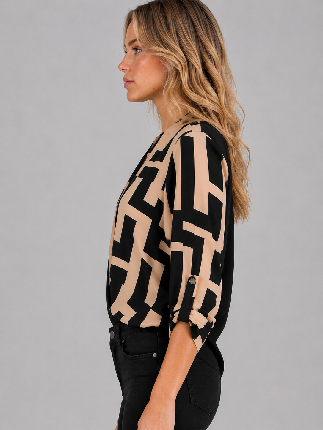 Women’s Geometric V-Neck Blouse – Elegant Smart Casual Style