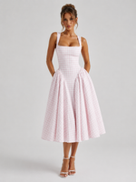Women’s Gingham Midi Dress – Sculpted Waist Full Skirt Fit