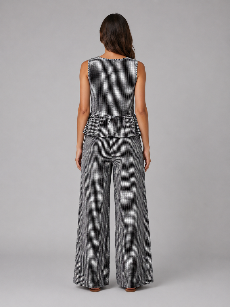 Women's Gingham Two-Piece Set – Sleeveless Top & Wide Leg Trousers