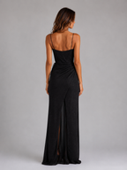 Women’s Glitter Corset Maxi Dress with Thigh Split – Cowl Neck Ruched Evening Gown
