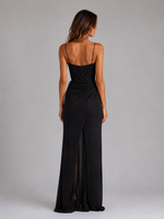 Women’s Glitter Corset Maxi Dress with Thigh Split – Cowl Neck Ruched Evening Gown