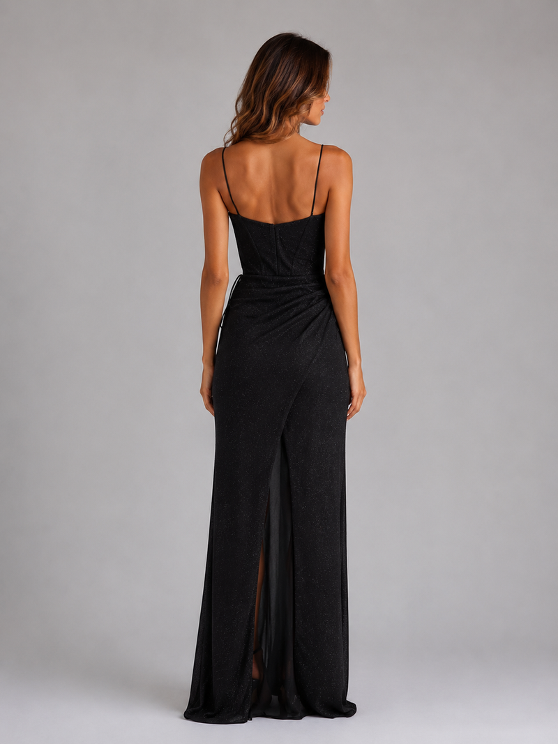 Women’s Glitter Corset Maxi Dress with Thigh Split – Cowl Neck Ruched Evening Gown