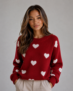 Women’s Heart Print Knitted Jumper – Crew Neck Sweater