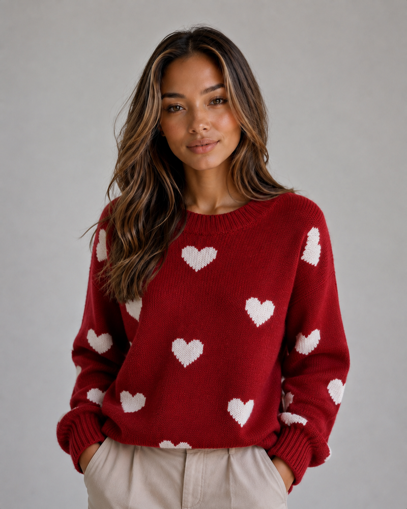 Women’s Heart Print Knitted Jumper – Crew Neck Sweater