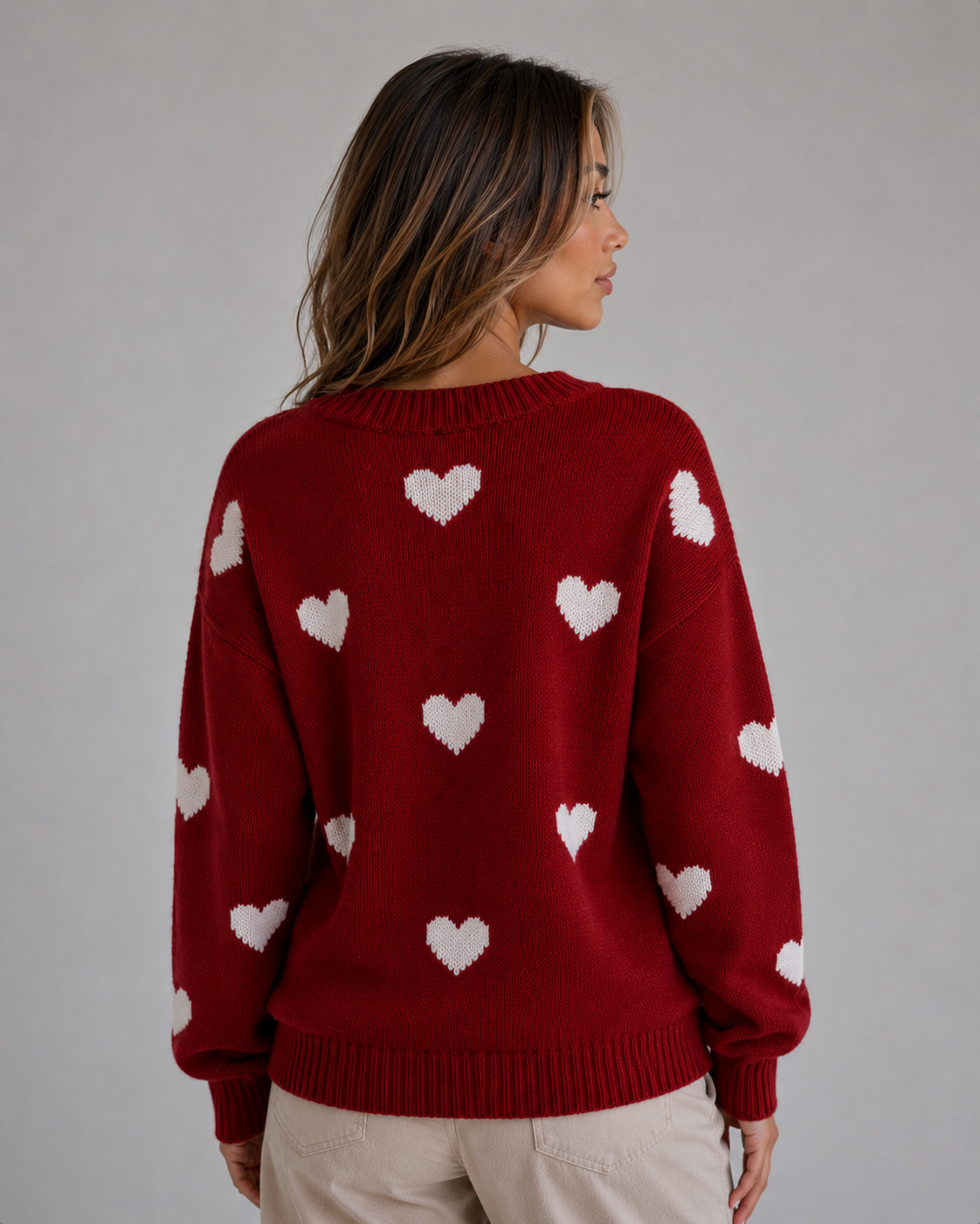 Women’s Heart Print Knitted Jumper – Crew Neck Sweater
