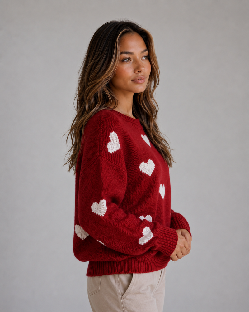 Women’s Heart Print Knitted Jumper – Crew Neck Sweater