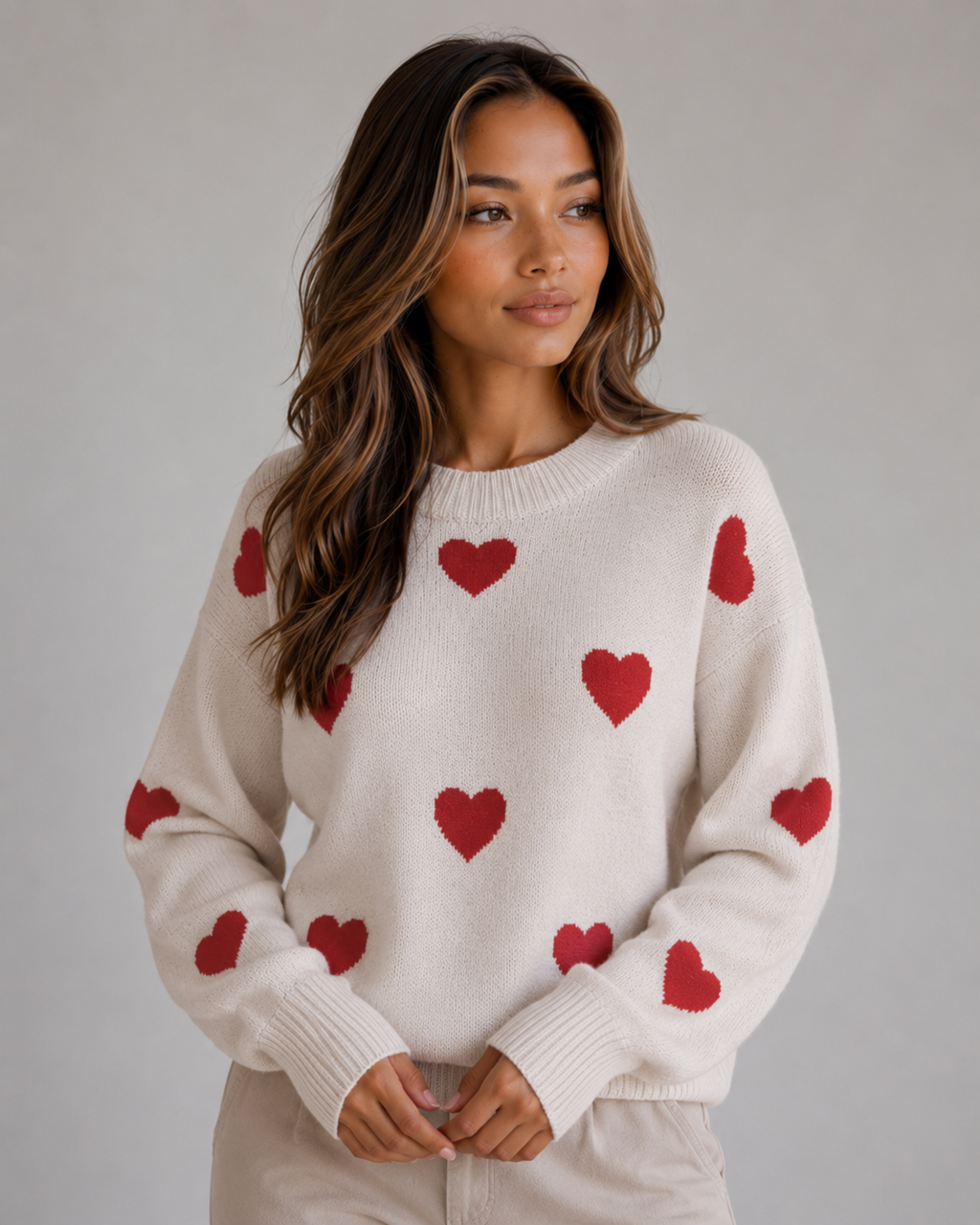 Women’s Heart Print Knitted Jumper – Crew Neck Sweater