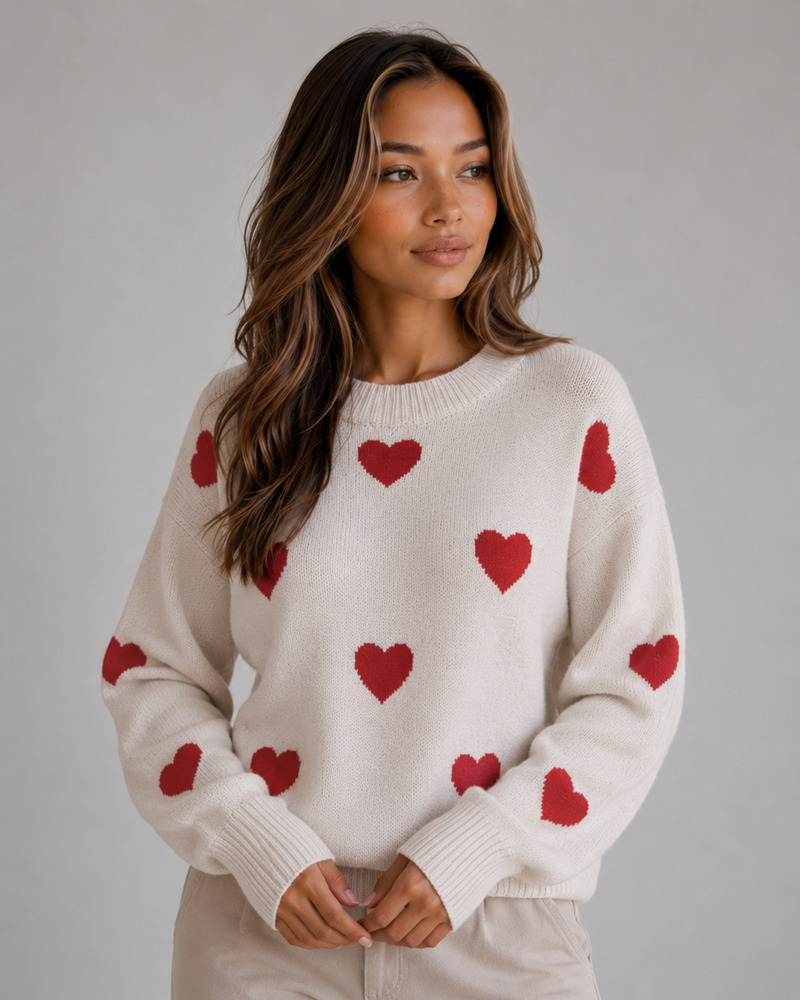 Women’s Heart Print Knitted Jumper – Crew Neck Sweater