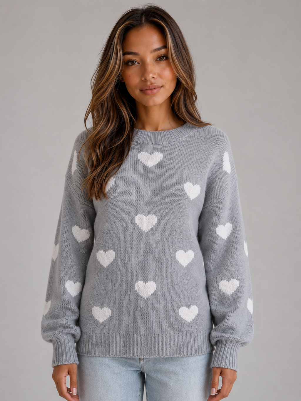 Women’s Heart Print Knitted Jumper – Crew Neck Sweater