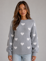 Women’s Heart Print Knitted Jumper – Crew Neck Sweater