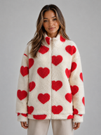 Women’s Heart Print Teddy Fleece Jacket – Zip Up Relaxed Fit Sherpa