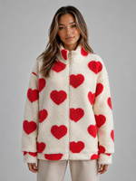 Women’s Heart Print Teddy Fleece Jacket – Zip Up Relaxed Fit Sherpa