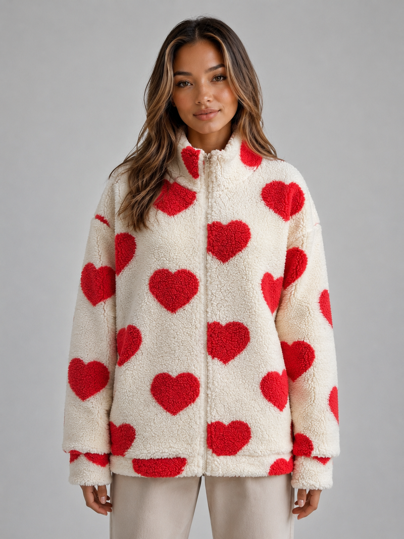 Women’s Heart Print Teddy Fleece Jacket – Zip Up Relaxed Fit Sherpa