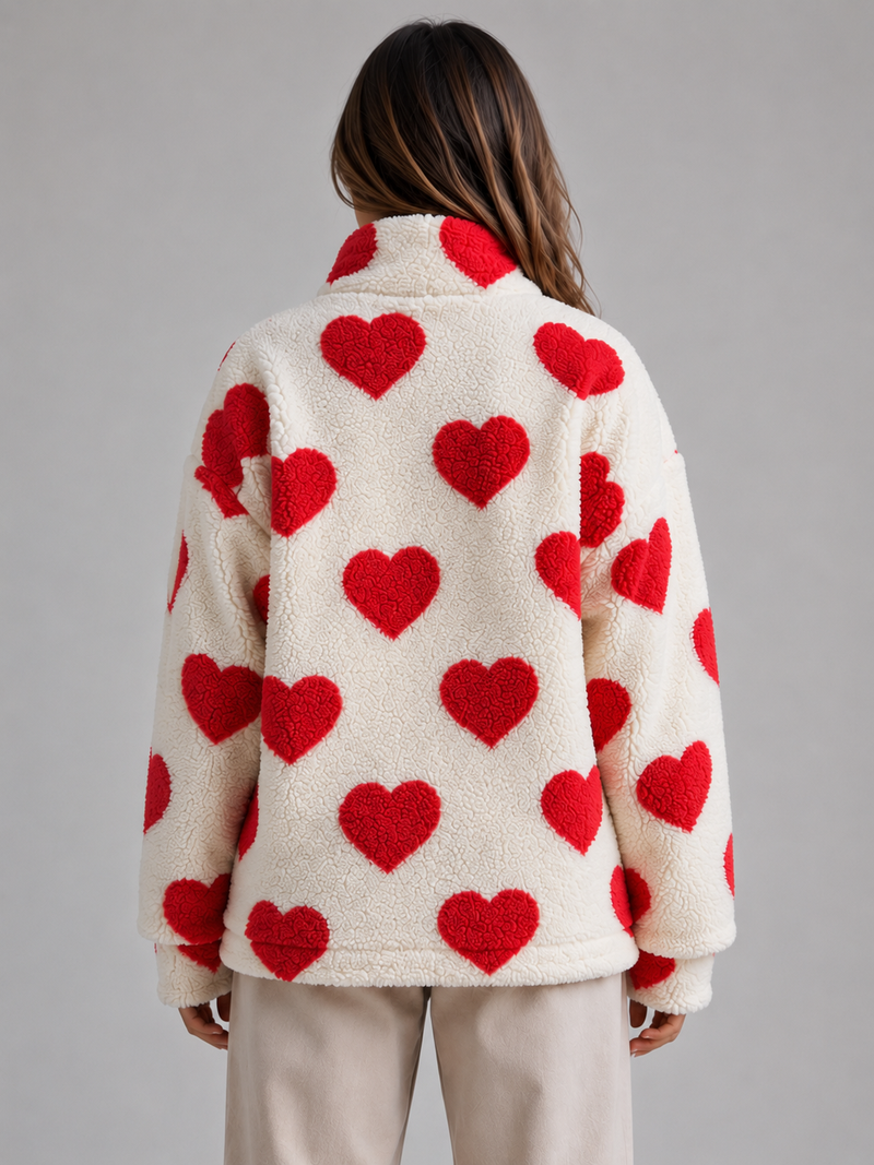 Women’s Heart Print Teddy Fleece Jacket – Zip Up Relaxed Fit Sherpa