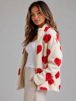 Women’s Heart Print Teddy Fleece Jacket – Zip Up Relaxed Fit Sherpa
