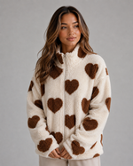 Women’s Heart Print Teddy Fleece Jacket – Zip Up Relaxed Fit Sherpa