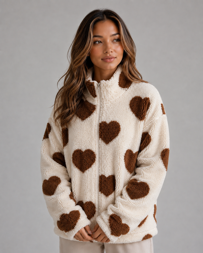 Women’s Heart Print Teddy Fleece Jacket – Zip Up Relaxed Fit Sherpa