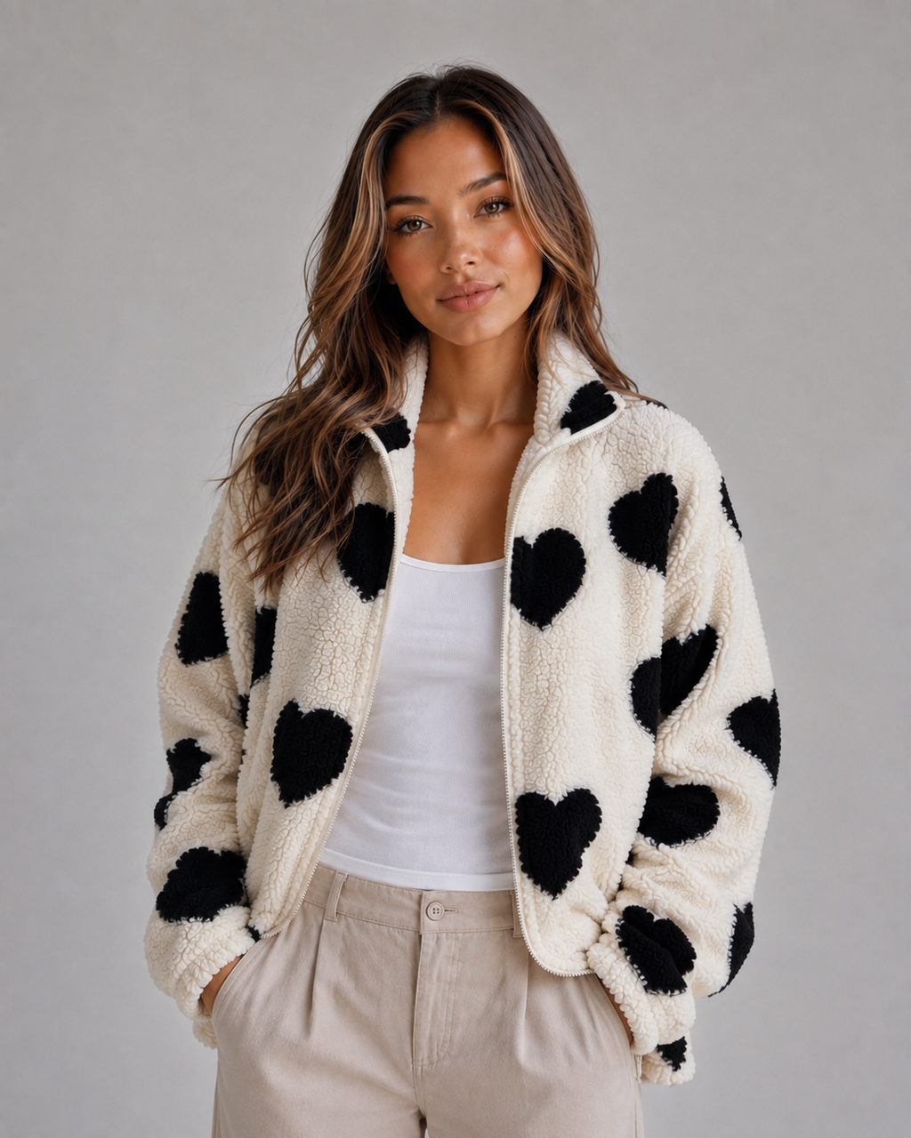 Women’s Heart Print Teddy Fleece Jacket – Zip Up Relaxed Fit Sherpa