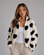 Women’s Heart Print Teddy Fleece Jacket – Zip Up Relaxed Fit Sherpa