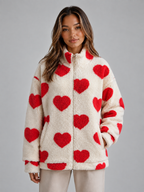 Women’s Heart Print Teddy Fleece Jacket – Zip Up Relaxed Fit Sherpa